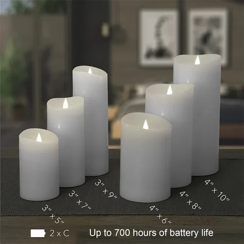 Miniatura 9 de Juego de velas sin llama Softflame - 5,7 cm x 10,7 cm, blanco, set de 2 - Vela de pilar con llama parpadeante y en movimiento, incluye control
