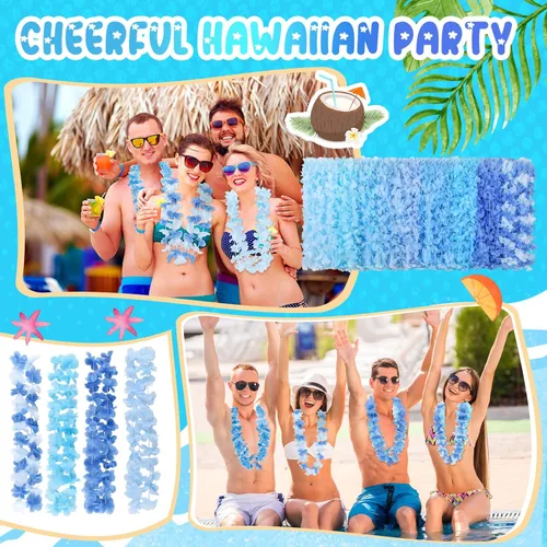 Miniatura 6 de Jexine 250 piezas de collar floral hawaiano a granel tropical Luau Leis verano playa floral para decoración de fiesta de cumpleaños, bodas y Azul