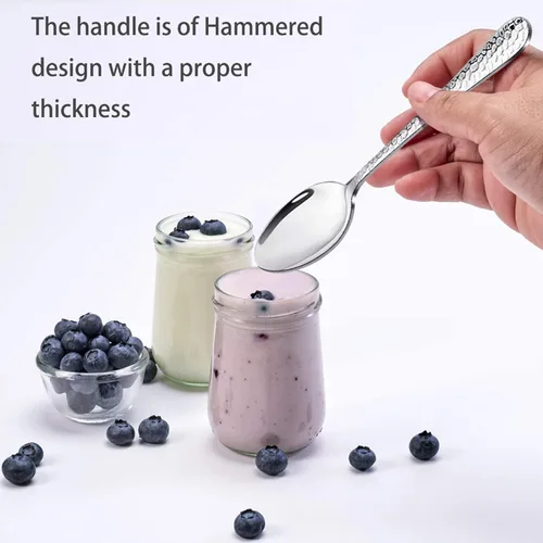 Miniatura 2 de E-far - Juego de 6 cucharaditas martilladas de acero inoxidable moderno, cubiertos de postre para el hogar, cocina, restaurante, borde redondo