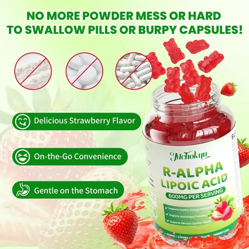 Miniatura 6 de Gomitas de ácido alfa lipoico R, ácido R-alfa lipoico estabilizado, suplemento ALA para apoyo antioxidante y metabolismo, veganas, sin OMG, sin