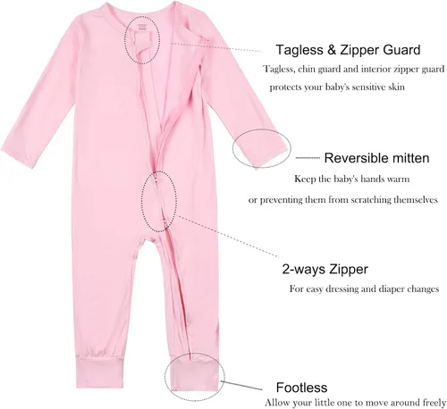 Miniatura 3 de Aablexema Pijama sin pies para bebé con puños de manopla, de bambú, con cremallera de 2 vías, manga larga, mameluco de una pieza para dormir