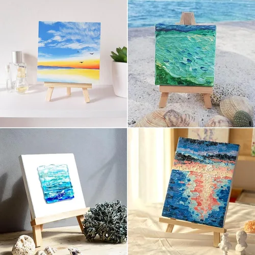 Miniatura 7 de Paquete de 4 caballetes de madera de pino de 9 pulgadas, soporte de caballete para pintar lienzos, arte y manualidades, trípode, caballete de fiesta