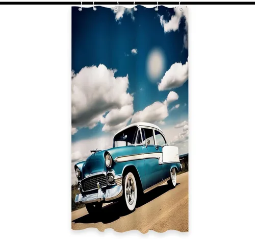 Cortina de ducha retro para automóvil, estilo vintage, tela con temática nublada para hombres y niños, juego de decoración de baño con ganchos,