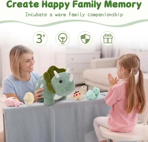 Miniatura 3 de Animales de peluche de dinosaurio, juguete de peluche para niñas y niños, una mamá dinosaurio con 3 dinosaurios bebés, triceratops, estegosaurio