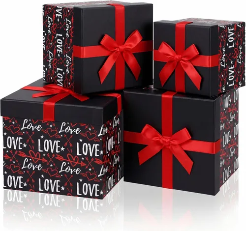 Miniatura 9 de Epakh 4 cajas anidables cuadradas decorativas con tapas, corazones negros y rojos, varios tamaños para aniversario, cumpleaños, boda, despedida