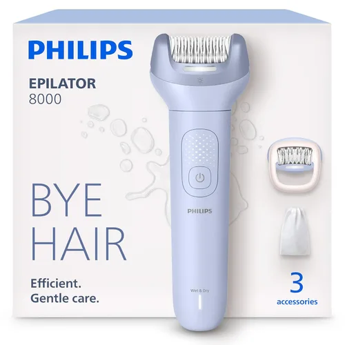 Philips Depiladora Serie 8000 - Depiladora eléctrica inalámbrica en seco y húmedo, depiladora para piernas y cuerpo, con ProGuide, 3 accesorios, 60