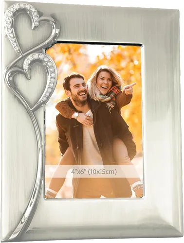 Marco de fotos plateado de 4 x 6 pulgadas con corazones, idea de regalo para bodas, compromisos para parejas, recién casados, despedida de soltera,