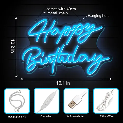 Miniatura 5 de Letrero de neón de feliz cumpleaños, reutilizable, luz nocturna LED de neón azul hielo, decoraciones de fiesta de cumpleaños, funciona con USB
