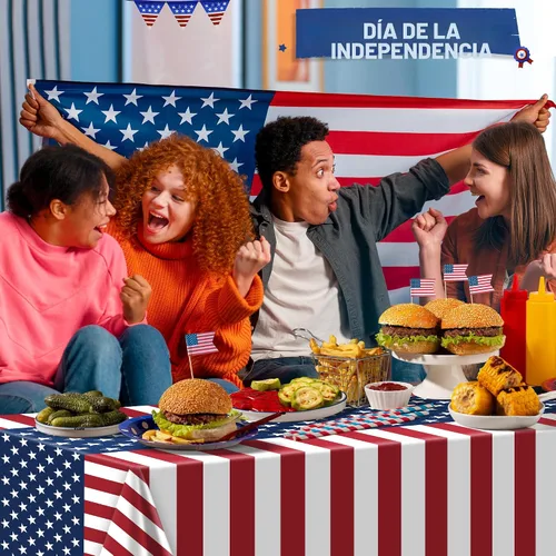 Miniatura 5 de OHOME Decoraciones del 4 de julio, mantel de plástico con bandera patriótica estadounidense para decoraciones del día de los veteranos, accesorios