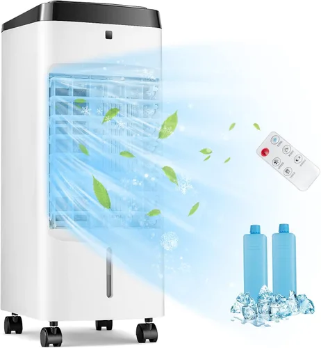 GOFLAME Enfriador de aire evaporativo portátil, ventilador humidificador 3 en 1 con control remoto, tanque de agua de 3.5 L, 2 paquetes de hielo, 4