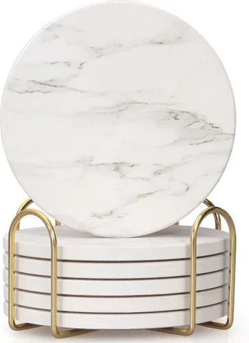 Juego de 6 posavasos de mármol blanco – Posavasos redondos absorbentes de cerámica con soporte para salón, bar, café, taza, mesa, escritorio