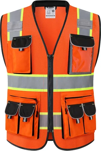Miniatura 8 de JKSafety Chaleco de seguridad frontal con 10 bolsillos clase 2 de alta visibilidad con tiras reflectantes, cumple con los estándares ANSI/ISEA