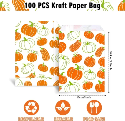 Miniatura 2 de Whaline Paquete de 100 bolsas de golosinas de otoño de 5 x 7.3 pulgadas, bolsas de dulces de Acción de Gracias, hojas de arce, calabazas, bufé