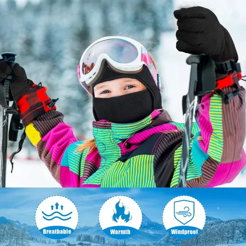 Miniatura 11 de Juego de 4 pasamontañas para niños, máscara de esquí y guantes de forro polar, gorro de invierno, máscara facial cálida para niños y niñas de 8 a 12