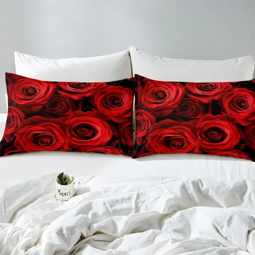 Miniatura 5 de Juego de sábanas de rosas rojas, tamaño individual, juego de sábanas florales de color rojo degradado y negro para niñas, mujeres, niños