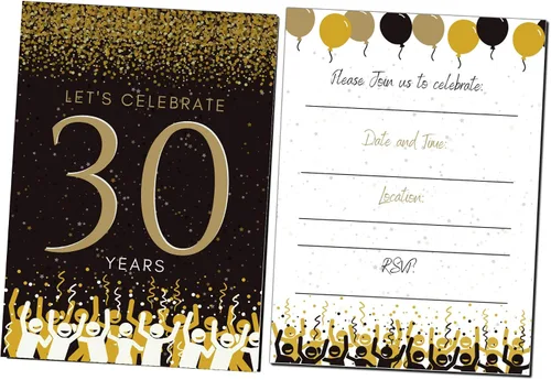 Miniatura 6 de Elcer Invitaciones para fiesta de cumpleaños número 30 Celebración de 30 años Feliz aniversario 5 x 7 Negro y dorado Estilo de relleno
