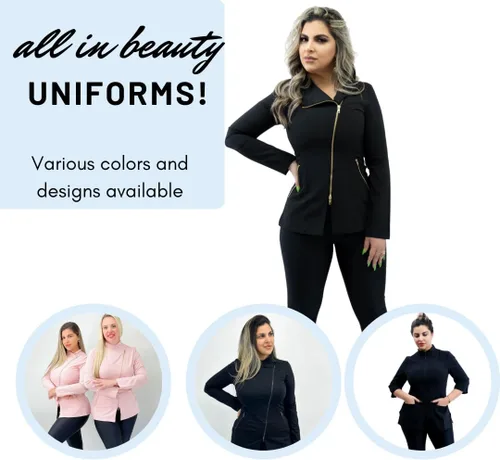 Miniatura 5 de All in beauty Ropa quirúrgica negra para mujer, cremallera dorada, uniforme de esteticista para spa, chaqueta de esteticista de manga larga