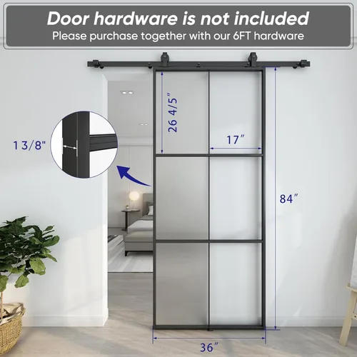 Miniatura 7 de Barnsmith Panel de puerta de granero de vidrio de aluminio de 36 x 84 pulgadas, losa de puerta de vidrio templado esmerilado para bricolaje, fácil