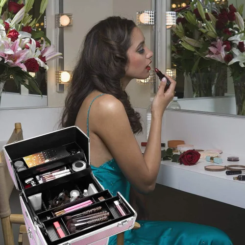 Miniatura 7 de Flandre Estuche de aluminio 3 en 1, organizador de cosméticos de belleza, caja de viaje de maquillaje, caja de tren con ruedas, bandejas plegables