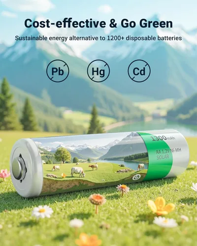 Miniatura 6 de EBL - Pilas solares AA recargables para luces solares de exterior, 1300 mAh NIMH precargadas 1,2 V, recargable hasta 1200 veces para luces de jardín
