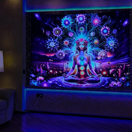 Miniatura 2 de Dermijer - Tapiz de luz negra con siete chacras para yoga y meditación - Tapiz de chacras de flores - Tapiz de galaxia, espacio y planetas - Tapiz