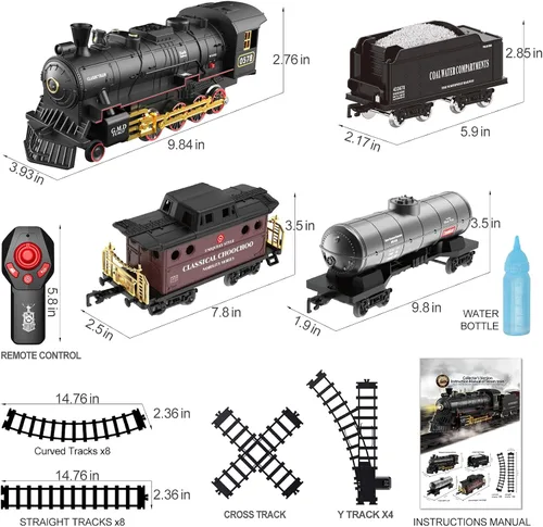 Miniatura 7 de Hot Bee Juego de tren para niños, juguetes de tren de aleación a control remoto con locomotora de vapor, vagones de carga, vías, trenes con luces