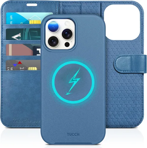 Miniatura 12 de Funda tipo billetera TUCCH para iPhone 15 Pro Max, con bloqueo RFID, con soporte para 4 tarjetas, a prueba de golpes, con interior de TPU, con funda