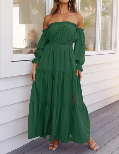Miniatura 70 de ZESICA - Vestido largo, bohemio y sexy, con hombros descubiertos y manga larga fruncida, con elástico fruncido, cintura alta y abertura lateral