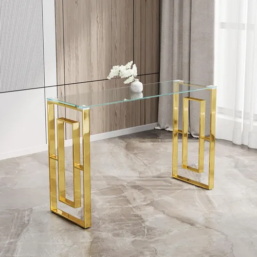 Miniatura 13 de SSLine Mesa consola moderna de lujo, mesa rectangular de cristal para entrada de pasillo, sala de estar, almacenamiento de 2 niveles, diseño