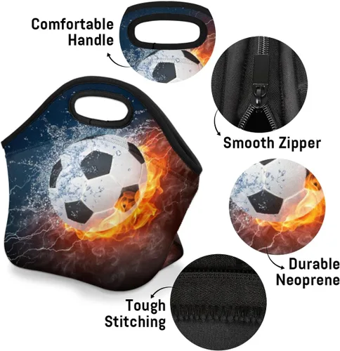 Miniatura 4 de Bolsas de almuerzo de neopreno con balón de fútbol en fuego de hielo para mujeres, bolsas de almuerzo, lavables, aisladas, para el trabajo, picnic