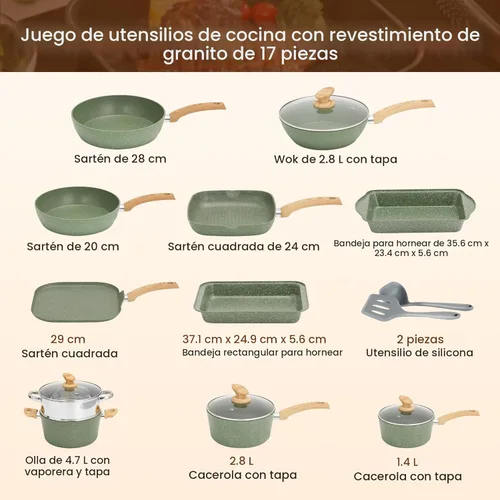 Miniatura 7 de Kitchen Academy Juego de utensilios de cocina de inducción de 17 piezas con plancha, ollas y sartenes de granito verde antiadherentes, juego