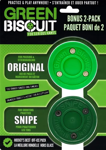 Green Biscuit Bonus - Práctica en casa - Paquete de 2, Verde original (Pase) Snipe (Tiro) - Combo oficial de discos de hockey fuera del hielo de la