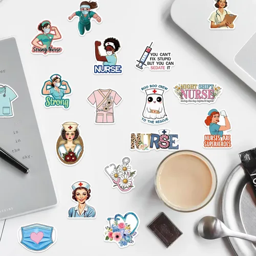 Miniatura 3 de Divertidas calcomanías para enfermeras para niñas, enfermeras adultas, 100 unidades, lindas calcomanías estéticas de enfermería impermeables