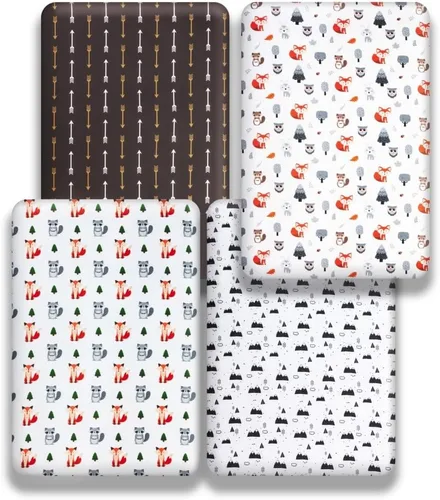 Miniatura 4 de Juego de 4 sábanas ajustables unisex para cuna de bebé, diseño de animales del bosque del bosque, de madera, neutro, para bebés, niños o niñas