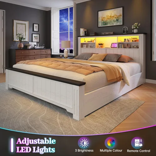 Miniatura 5 de EnHomee Base de cama Queen con cabecero y 4 cajones de almacenamiento, luces LED y puertos de carga, no necesita somier para apartamentos, sin