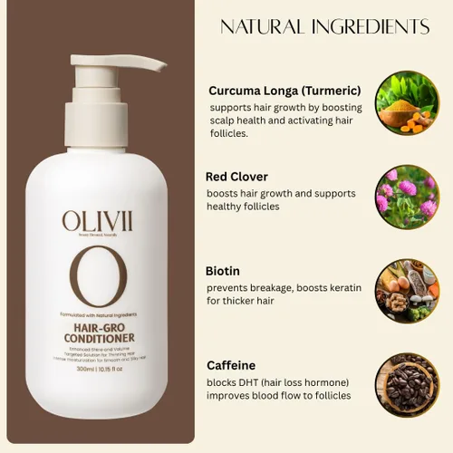 Miniatura 6 de Olivii Hair-Gro Acondicionador para cabello más grueso y completo, crecimiento del cabello con cúrcuma, trébol rojo, biotina y cafeína, reduce