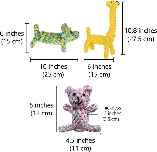 Miniatura 3 de SunGrow Juguetes de algodón con nudo de cuerda para cachorros y hurones, oso de peluche masticable resistente para dentición, jirafa y perro, tejido