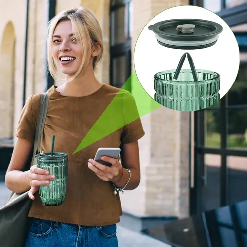 Miniatura 5 de Joeyan Vaso verde de 14.5 onzas con tapa y pajita, tazas de vidrio para café helado a rayas, tarro de té de batido de color, bebidas portátiles