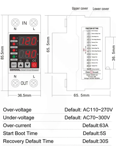 Miniatura 5 de DIHOOL Protector de voltaje ajustable 110V 220V, corte de bajo/alto voltaje y protección contra sobrecorriente, subvoltaje 70-200V, sobretensión
