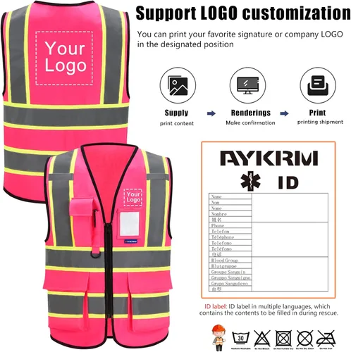 Miniatura 2 de AYKRM 11 color alta visibilidad reflectante chaleco de seguridad para mujeres hombres bolsillo cremallera ANSI/ISEA estándar Rosa
