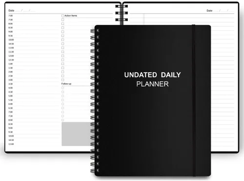 Agenda diaria sin fecha: agenda sin fecha con horarios, artículos de acción y seguimiento, cuaderno organizador diario A4 para aumentar la