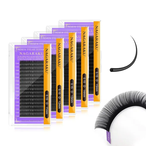 Miniatura 235 de NAGARAKU Extensiones de pestañas, pestañas individuales, 0.05mm, rizo D, 15mm, clásico, negro mate, suave, natural, profesional, 16 filas, 0.05-D