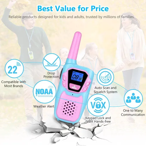 Miniatura 6 de Topsung Walkie Talkies para Niños de Largo Alcance Walkie-Talkie para Adultos Recargables Paquete de 4 con Cordón NOAA USB, Juguetes de Radio