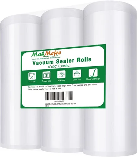MakMeFre Paquete de 3 bolsas selladoras al vacío de 8 x 20 pies (3 rollos) para alimentos, grado comercial, sin BPA, prevención de pinchazos, ideal