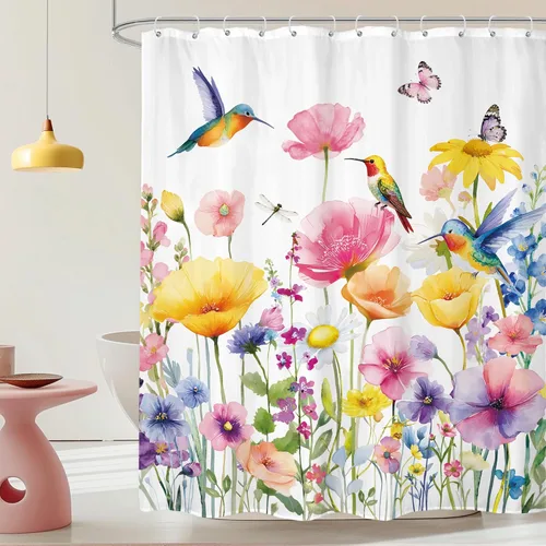 Miniatura 13 de Cortina de ducha floral gris y rosa de 72x72 pulgadas, flores de cerezo en rosa polvoriento y flores llorosas en primavera, tela impermeable