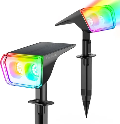 Consciot Focos solares para exteriores, 30 LED impermeables que cambian de color, luces solares 2 en 1 ajustables, 10 colores, modos D2D, focos