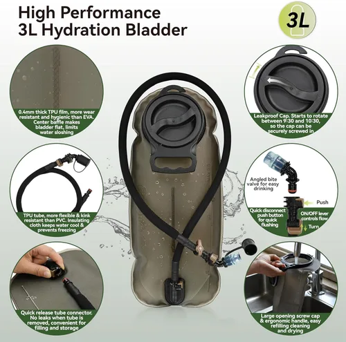 Miniatura 6 de MARCHWAY Mochila táctica de hidratación Molle con bolsa de agua de TPU de 3 litros, mochila militar para ciclismo, senderismo, correr, escalada