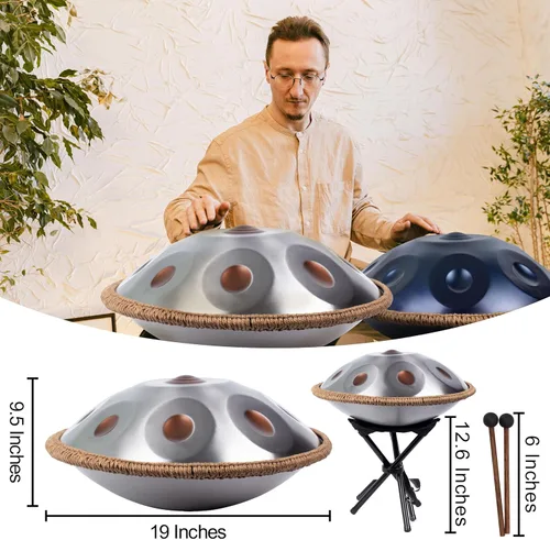 Miniatura 3 de Handpan de 19 pulgadas D menor Kurd Handpans de 10 notas, tambor de mano de instrumento musical para principiantes y actuaciones, tambores de mano