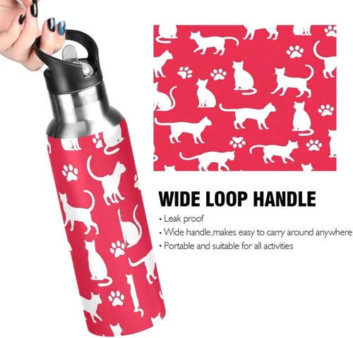 Miniatura 4 de White Cat Paw Prints Red Insulated Stainless Steel Water Bottle with Straw 20 Oz Leakproof Water Bottles, BPA-Free Sport Water Bottle Insulated
