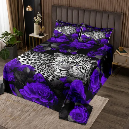 Miniatura 26 de Erosebridal Juego de edredón de león, color turquesa, verde azulado, rosa para mujeres y hombres, juego de colcha de flores de animales salvajes